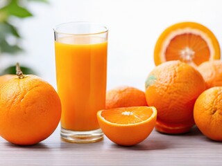 A glass of fresh orange juice and oranges on the table on a white neutral background