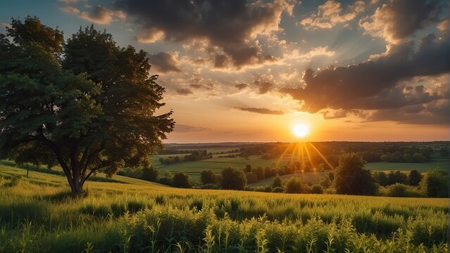 a sunset over a green field with the sun shining through the clouds and the sun shining through the leaves, wind moving green grass, panoramic view, summer scenery © Gegham