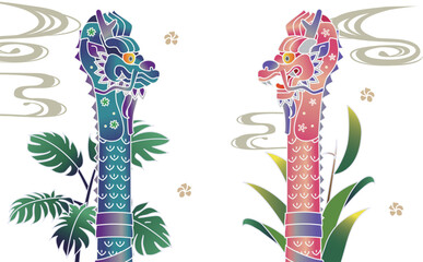 沖縄のカラフルな紅型風龍柱