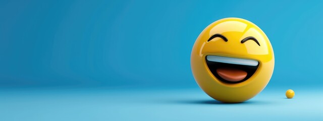 Image of a yellow ball with Smiley face (smiley).On blue background. - obrazy, fototapety, plakaty