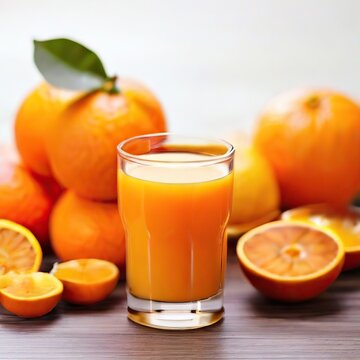 Glass of beautiful fresh orange juice in the center and around large oranges on the table, white neutral background