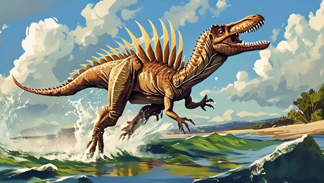 A Spinosaurus emerging from the ocean its long claws and powerful jaws a formidable weapon in the hunt for intertidal creatures.