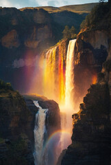 Serene River Cascade with a Beautiful Rainbow Amidst Nature's Splendor