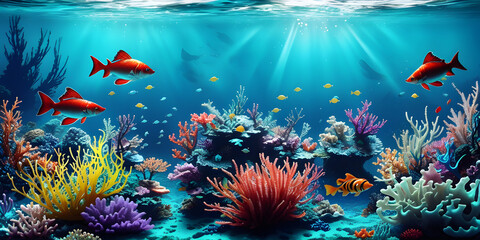 Fototapeta na wymiar Fantastic underwater world with fish and seaweed, multicolor illustration, ai generated