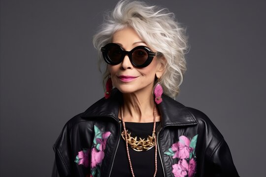 Portrait of a beautiful middle aged woman in black leather jacket and sunglasses.