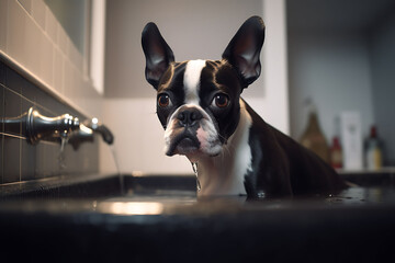 Boston terrier bath time  - obrazy, fototapety, plakaty