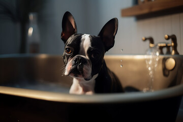 Boston terrier bathing in full sink of water - obrazy, fototapety, plakaty
