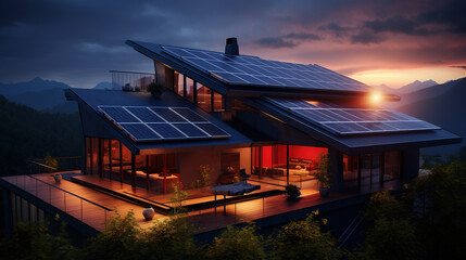 Modern house with solar pannel on roof. Created with Ai