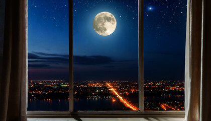 窓から見える満月と夜景　AI画像　ジェネレーティブ AI  - obrazy, fototapety, plakaty