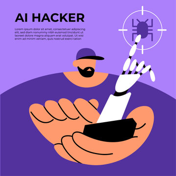 AI Hacker. Cybercriminal in app. Cyber crime, hacker activity, DDoS attack, digital system security, money from fraud, threat of cyber attack. Flat vector illustration.