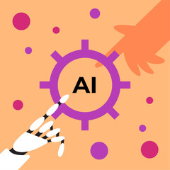 Obraz premium Automation with AI. Quality control of artificial intelligence. Robot tester finds and looks for errors in a human program. Flat vector illustration.