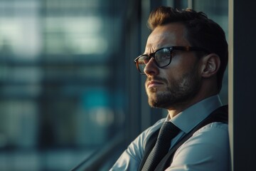 Obraz premium A businessman's reflective moment, captured as he gazes through the window at the fading city light.