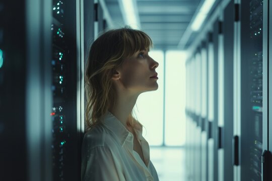 Serene technologist in data center, contemplating amidst servers, a blend of focus and light.


