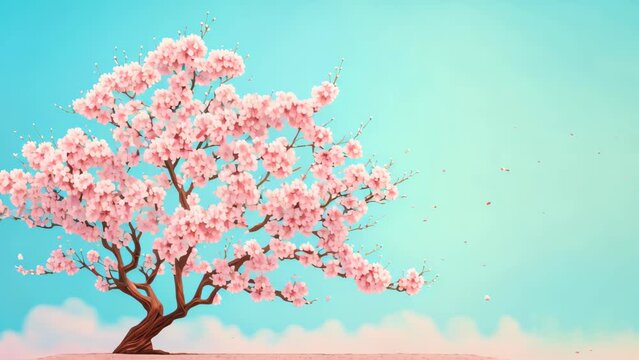 Beautiful cherry blossom or sakura tree branches on blue sky with copy space background in spring season