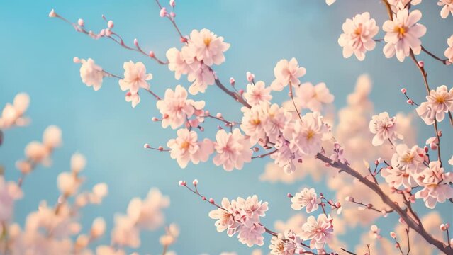 Beautiful cherry blossom or sakura tree branches on blue sky with copy space background in spring season