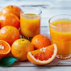 Two glasses of fresh fresh orange juice and large oranges on the table against a neutral background