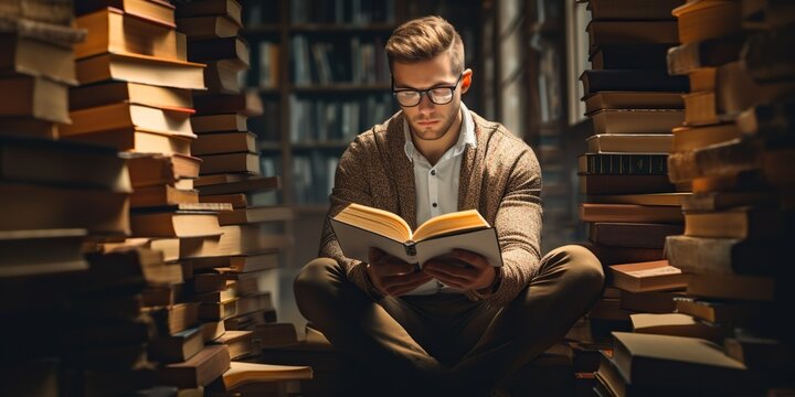 Geek man reading book in the library