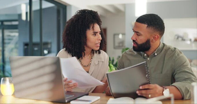 Couple, laptop and paperwork or stress conversation for online agreement, mortgage or expenses. Man, woman and document or confused with finances for internet bills for house, explain or insurance