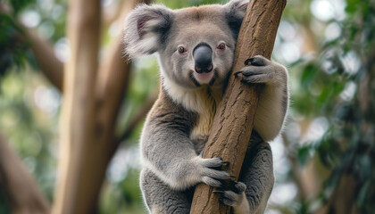 A cuddly grey koala clings to a eucalyptus tree, gazing out with its large, expressive eyes amidst a blurred green backdrop