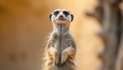 Fototapeta premium An attentive meerkat stands upright on its hind legs, vigilantly scanning its surroundings with a soft, sandy background