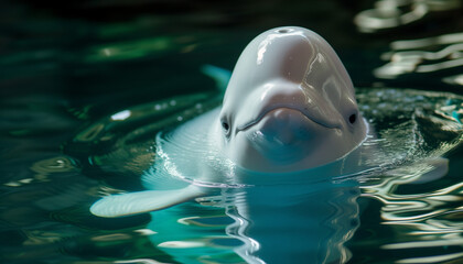 A beluga whale surfaces with a gentle expression, its smooth white head reflected in the tranquil blue waters