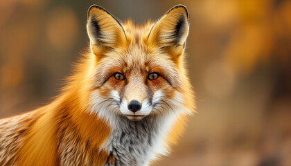 A striking red fox gazes directly at the camera, its sharp eyes and vibrant orange fur standing out against a soft, bokeh background in hues of autumn