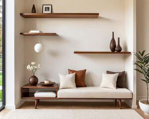 Minimalistic Living Room - Cozy reading nook and functional storage in a mid-century modern setting Gen AI - 729792161