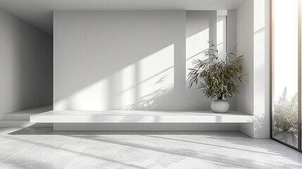 Living room interior with marble floor, white walls and plants. Created with Ai