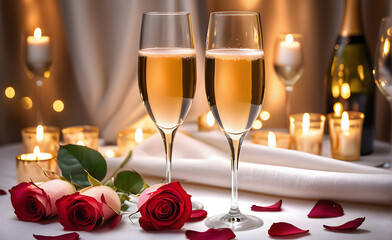 Two glasses, Champagne flutes clinking, simplistic romantic atmosphere, faint candlelight glow, ambient soft focus, rose petals scattered on a white linen tablecloth. Generative AI