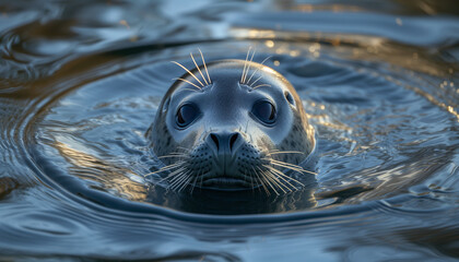 A spotted seal peeks its head above the water's surface, creating gentle ripples around it, with its large, soulful eyes and whiskered face catching the last sunlit reflections of the day