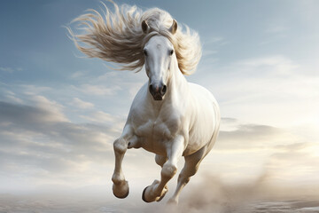 White horses running in the desert. 3d render illustration of horses