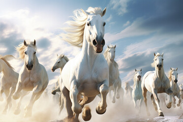 Obraz na płótnie Canvas White horses running in the desert. 3d render illustration of horses