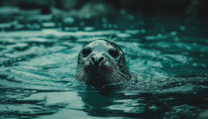 A seal with expressive eyes and a whiskered face emerges from the water, creating a captivating portrait against the dark, teal water - obrazy, fototapety, plakaty