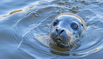 A spotted seal peeks above the water, its whiskered face and soulful eyes creating gentle ripples on the water's glistening surface - obrazy, fototapety, plakaty