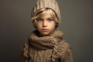 Fashionable little girl in a warm knitted hat and scarf. Studio shot.