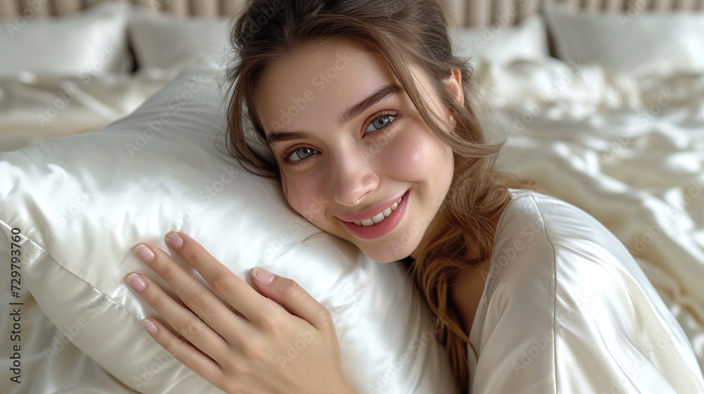 Wall mural a young woman hugs a pillow on a comfortable bed and smooth sheets.