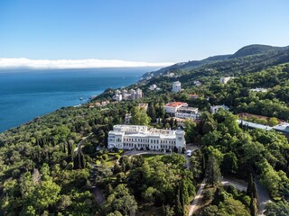 Fototapeta na wymiar Aerial View of Livadia Palace - located on the shores of the Black Sea in the village of Livadia in the Yalta region of Crimea. Livadia Palace was a summer retreat of the last Russian tsar Nicholas II