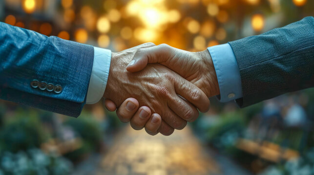 Close-up image of two businessmen shaking hands in a hotel lobby