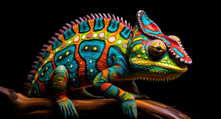 a chameleon in colorful colors is standing on black background