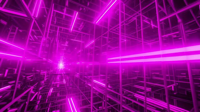 A matrix of neon purple beams intersecting and forming a gridlike structure that feels like a throwback to oldschool computer visuals.