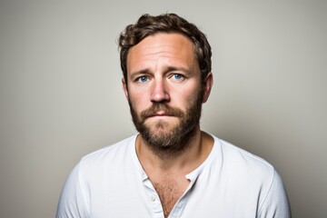 Handsome man with beard and mustache. Studio shot against grey background.