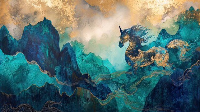unicorn wallpaper, fantasy mountain river landscape, abstract Chinese traditional ink painting, blue, green, gold, generative AI