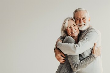 Portrait of happy elderly couple on light background, horizontal banner, copy space