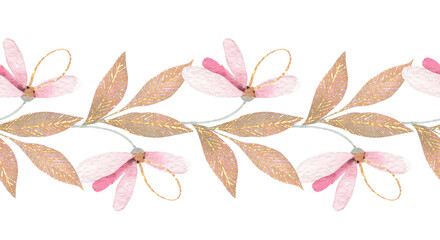 Watercolor painted floral seamless frame. Pink, golden flowers. Seamless border.