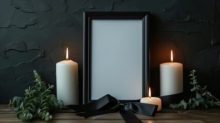 Blank funeral frame, burning candles and black ribbon on wooden table against dark background