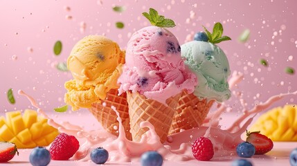 Delicious tasty three strawberry ice cream with mango and blueberry flavors and pieces of fruit in a crispy waffle cone on pink background