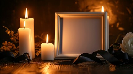 Blank funeral frame, burning candles and black ribbon on wooden table against dark background