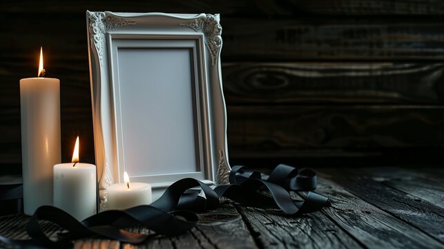 Blank funeral frame, burning candles and black ribbon on wooden table against dark background