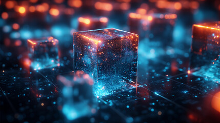 Vivid square cube abstract, rendered in Unreal Engine, highlighting joints, holography, interactive installation, in navy and aquamarine.