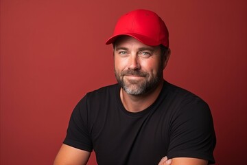 Handsome bearded man wearing a red cap on a red background.